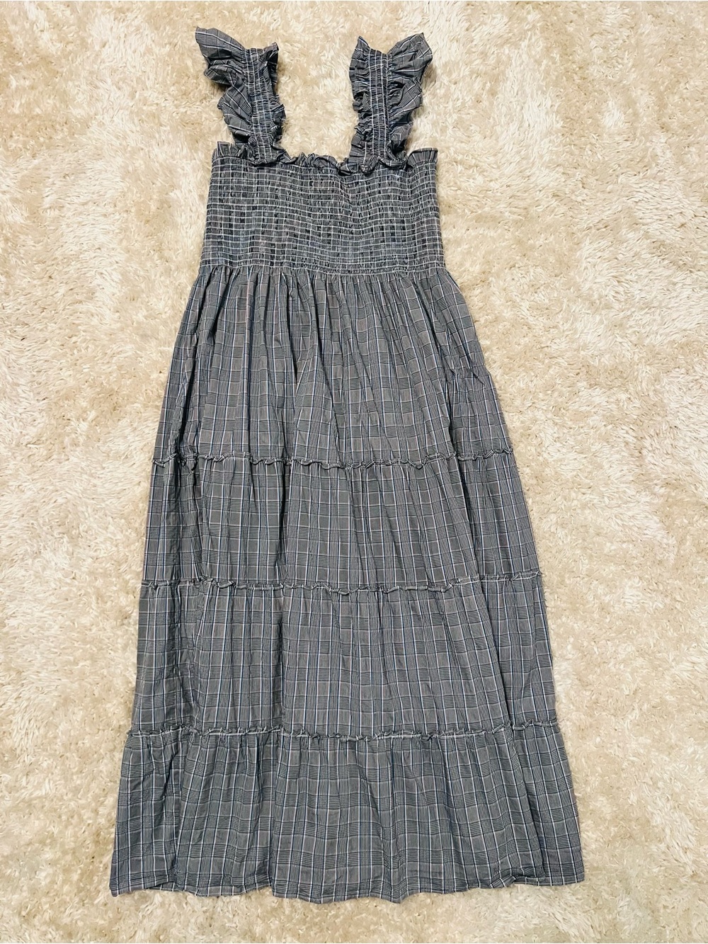 Hill House The Ellie Nap Dress Gray and Blue Plaid with Smocked Ruffle Straps